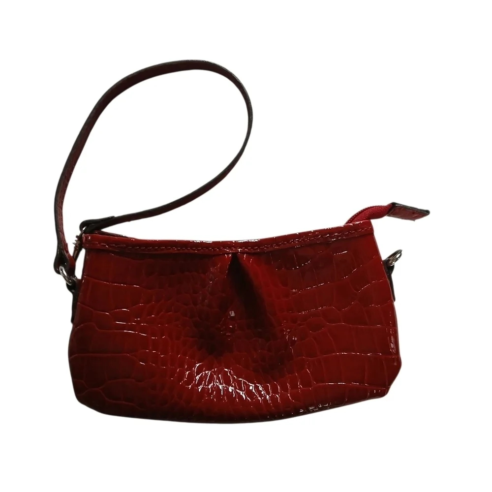 Liz Claiborne Glossy Wrist-let Bag Mini Faux Embossed Burgundy Leather w Strap